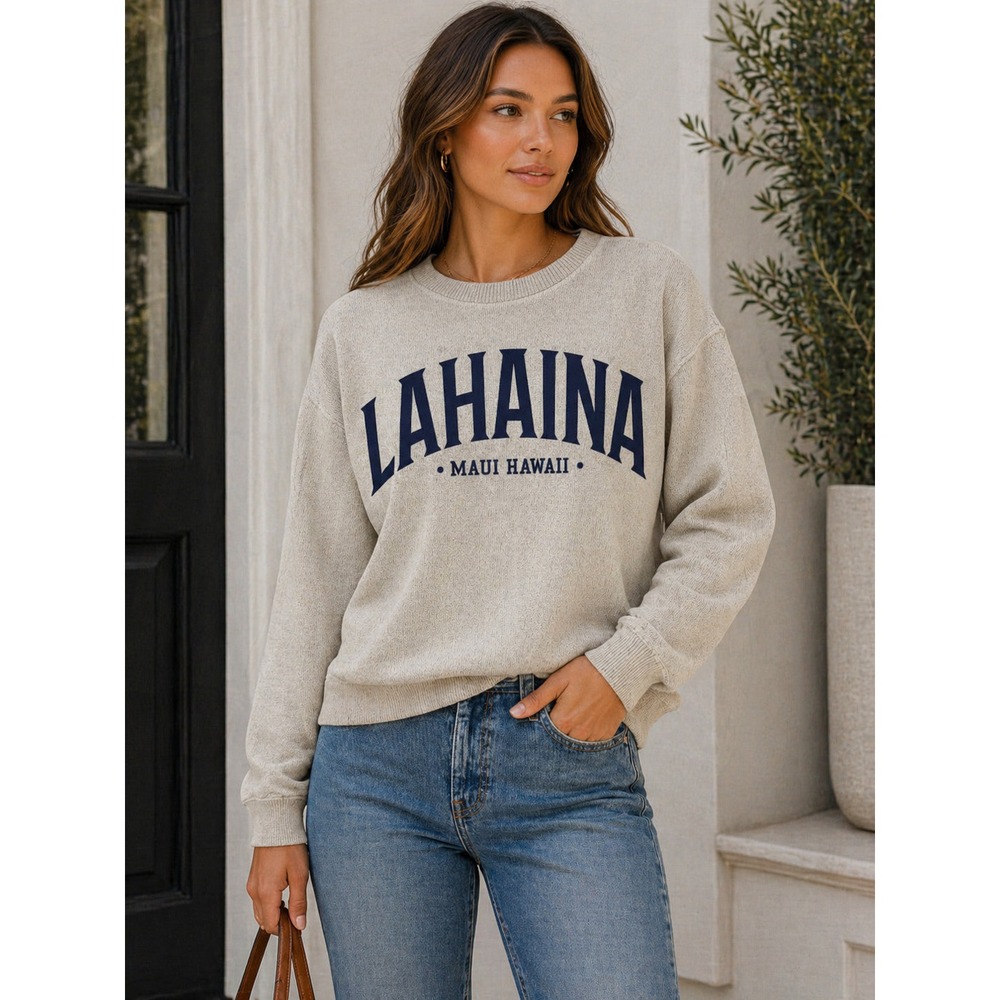 MJ Apparel Lahaina Maui Hawaii Sweatshirt Oatmeal Tan Navy Graphic Small